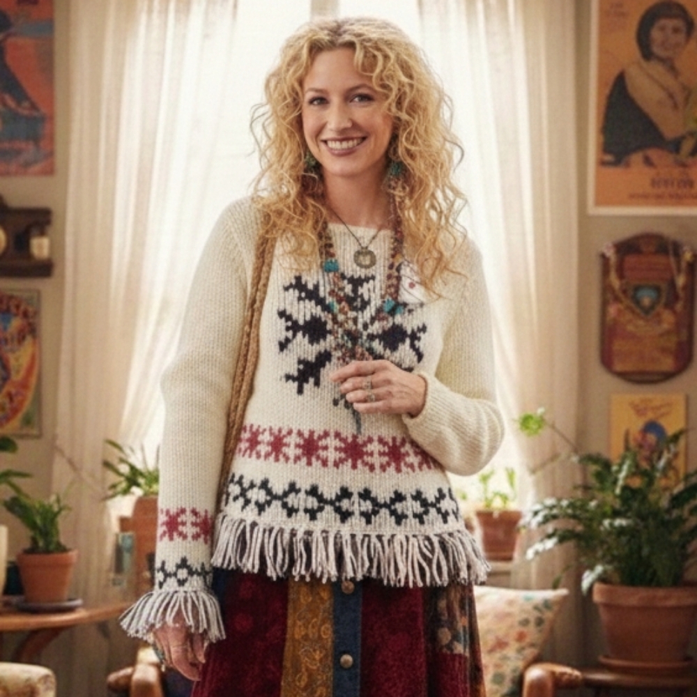 NWT Hand Knit Fringe Sweater Size M Boho Cottagecore Cabincore Pheobe Buffay